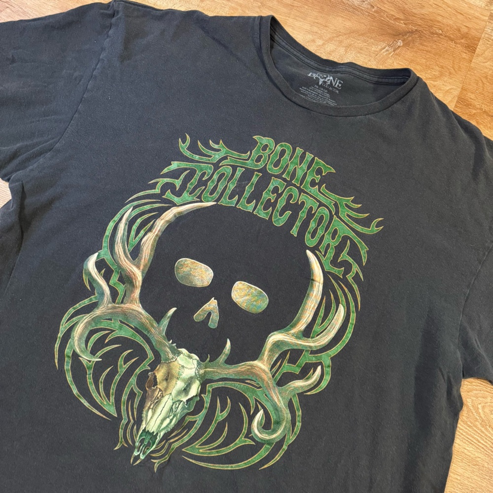 Bone Collector Shirt 2XL Mens Black Green Deer Skull Graphic Tee Hunting Y2K Vtg - Picture 2 of 4